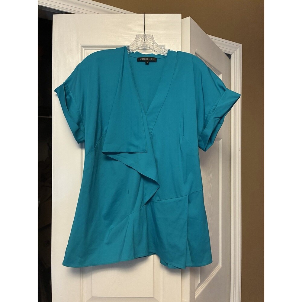 Lafayette 148 Women’s Cotton Shirt Blouse Size 8 Blue Cuff Short Sleeve